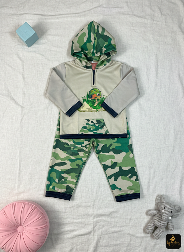 Green Camouflage Kids' Tracksuit with Dinosaur Print